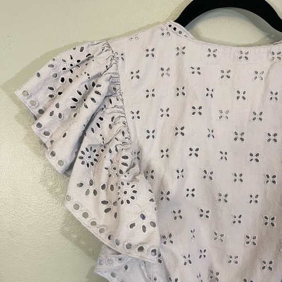 INTERMIX Blouse 4 Lilian Surplice Eyelet Flutter Sleeve Wrap Top Cotton Blue - Picture 8 of 11